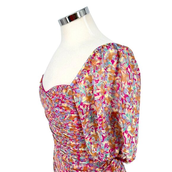 Lush Floral Multicolor Ruched Puff Sleeve Sweetheart Mini Dress Size Small - Picture 4 of 12